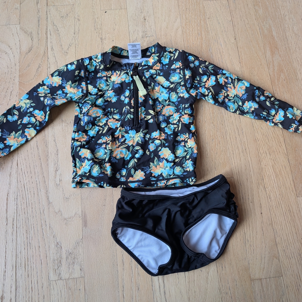 Ruffle Butts Black and Blue Floral Rashguard Set
